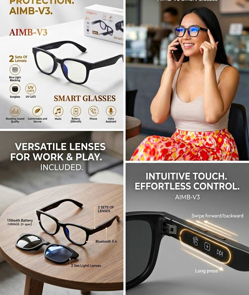 AIMB-V3 Smart Glasses Black Bluetooth Wireless Connectivity Model/MPN AIMB-V3